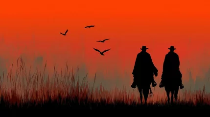 Fototapete Rund Cowboys ride into the sunset while birds fly across a colorful sky in an expansive landscape © Georg