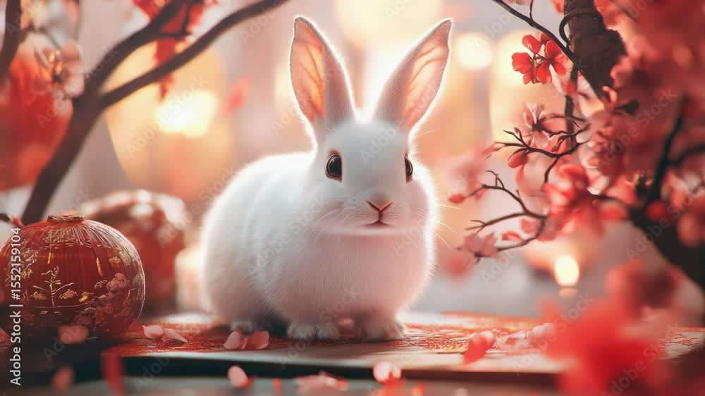 Poster a white rabbit sits on top of a table, looking curious