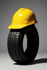 a yellow hard hat on top of a tire