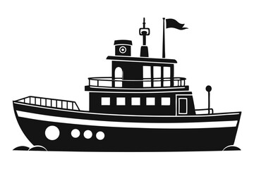 Fototapeta premium Silhouette Illustration of a Detailed Ferry Boat with Flag on Mast and Ocean Waves