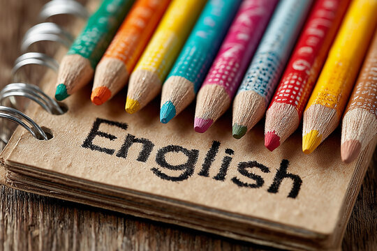 Colorful pencils arranged over a notebook featuring the word English, aimed at promoting language learning and effective study techniques
