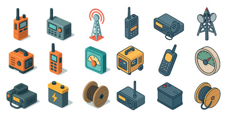 Communication devices isometric icons set – flat, filled, radio and signal graphics