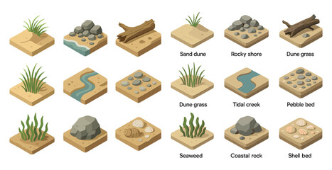 Coastal landscape isometric icons set &ndash; beach, shore, natural elements designs