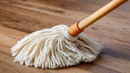 Traditional string mop on wooden floor, close-up of cleaning equipment in home