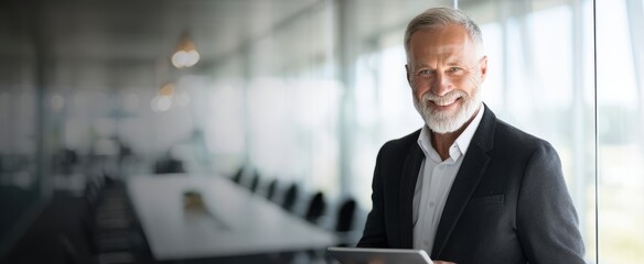 The smiling businessman holding a tablet in a modern office setting.