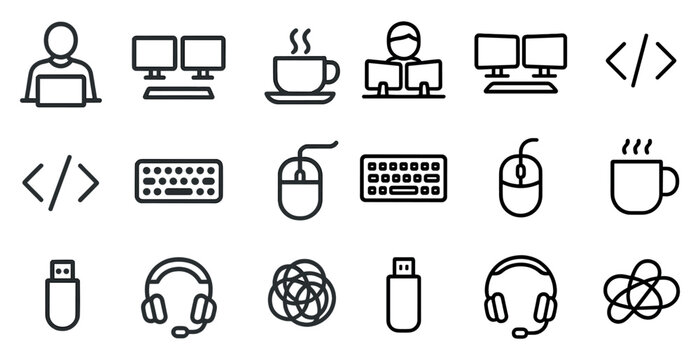 Coding and technology line icons set &ndash; outline, linear, programming symbols