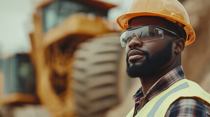 Confident African male construction or mining worker, yellow safety helmet and work shirt, standing folded arms in front of a large yellow dump truck. Mining or construction site. professionalism and 