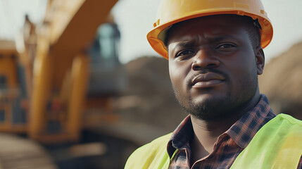 Confident African male construction or mining worker, yellow safety helmet and work shirt, standing folded arms in front of a large yellow dump truck. Mining or construction site. professionalism and 