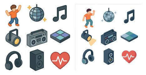 Music and dance icons set – isometric, 3d, party and audio visual elements