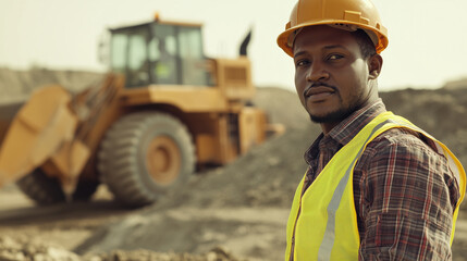 Confident African male construction or mining worker, yellow safety helmet and work shirt, standing folded arms in front of a large yellow dump truck. Mining or construction site. professionalism and 