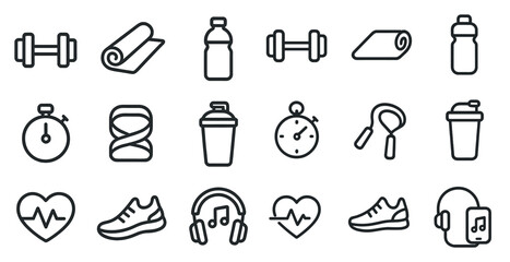 Fitness and gym linear icons set – health, outline, exercise and workout symbols