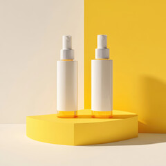 Two Sunscreen white Bottle Placed on yellow base