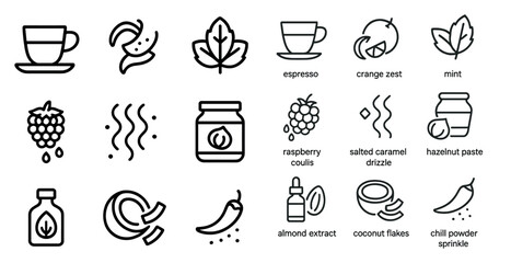 Coffee and spice outline icons set – line, linear, beverage and flavor symbols