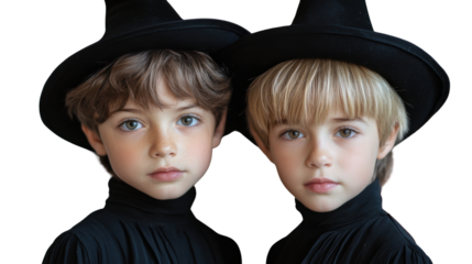 Two boys dressed as Dracula for Halloween on white background 