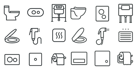 Bathroom fixtures line icons set &ndash; toilet, bidet, hygiene symbols in linear style