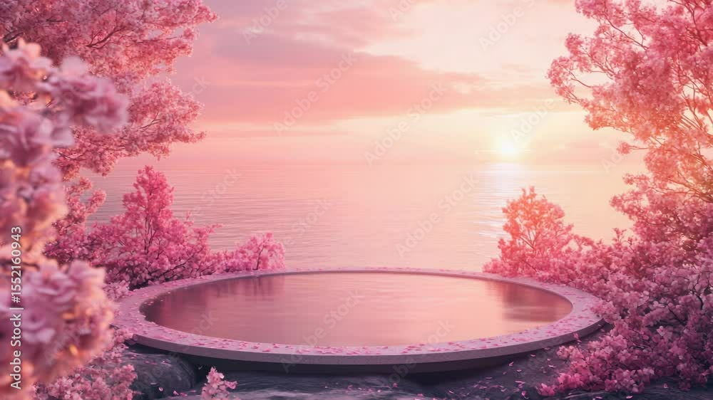 Poster a serene and peaceful scene with a circular pool surrounded by vibrant pink flowers and trees