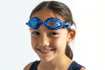 Naklejka premium A Smiling young girl wearing blue swim goggles, ready for a swim