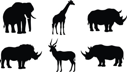 African wildlife animal silhouettes vector illustration, including elephant, giraffe, rhino, antelope, buffalo, savannah beasts, black graphic design