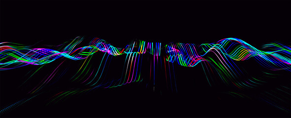 Multicolored wave of glowing dots. Futuristic dot wave of bright particles, on dark background. Interweaving effect. Futuristic background for presentation design. 3d rendering.