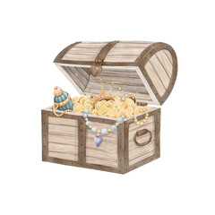 Treasure chest, isolated watercolor illustration, hand-drawn decoration element for your design, cartoon print.
