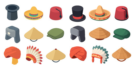 Hat icons set in isometric style – flat, silhouette, various headwear symbols