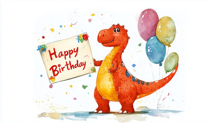Fototapeta premium flat watercolor style illustration, attractive for children, cute dino holding a signboard with text 