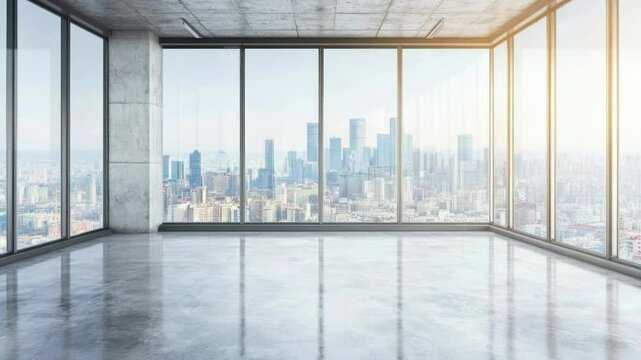 An empty room with a window offering a view of the city below