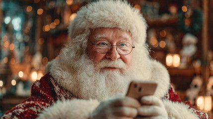 Santa claus using a smartphone with a festive backdrop.