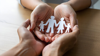 Protecting Family Wellbeing Paper Cutout Figures Held in Loving Hands Symbolizing Care Support and Family Values