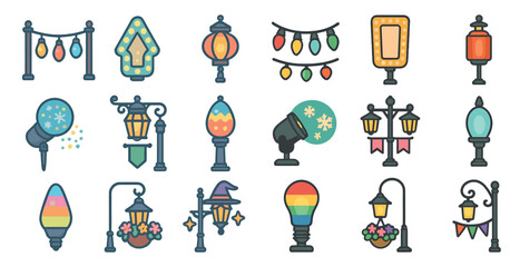 Fototapeta premium Outdoor decorations linear icons set – festive, holiday, lamp and garden symbols