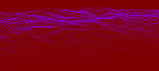 Abstract background with dynamic color wave. Futuristic dotted wave of bright particles. Colorful background for presentation design. Wide format 3D illustration. Weave effect.