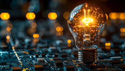 Glowing light bulb with sparks on circuit board background