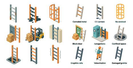 Construction equipment isometric icons set - tools, machinery, building and safety symbols