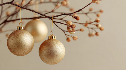 Fototapeta premium Golden christmas ornaments hanging from a delicate branch.
