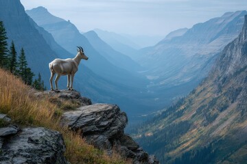 Fototapeta premium A mountain goat gazes into a vast valley filled with mountains and trees under a soft morning sky, capturing the serenity of nature