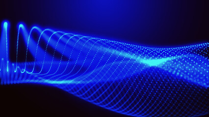 Abstract background with dynamic color wave. Futuristic dotted wave of bright particles. Colorful background for presentation design. Wide format 3D illustration. Weave effect.