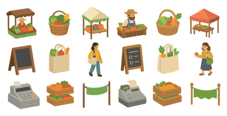 Farmers market 3d icons set – fresh produce, stalls and organic food symbols