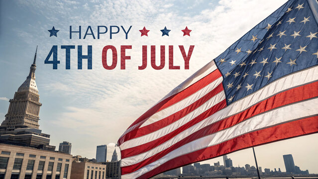 4th of July City Celebration – Fireworks, American Flag & Urban Skyline at Night - Powered by Adobe