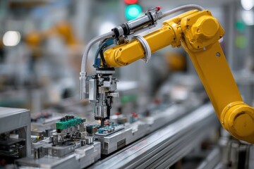 A robotic arm meticulously assembles electronic components on a production line in a high-tech manufacturing facility during daytime