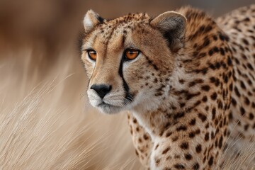Obraz premium Cheetah carefully watches its environment, blending into the tall grass under warm light in a savannah setting