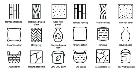 Eco-friendly materials outline icons set &ndash; line, linear, sustainable building symbols