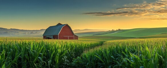 The picturesque red barn surrounded by lush green fields at sunset.