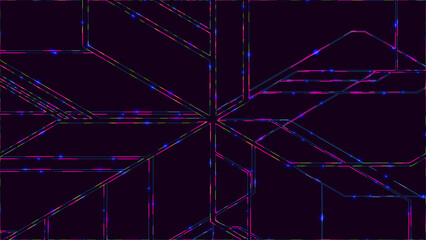 Abstract background of electronic metro map neon lines move along a given route and create a schematic animation. Transport interchange. 3D rendering.