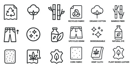 Sustainable materials outline icons set – eco-friendly, biodegradable, green symbols