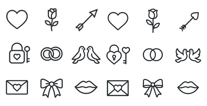 Love and romance outline icons set – linear, silhouette, romantic symbolism