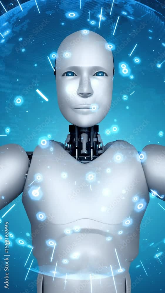 Poster ai hominoid robot holding hologram screen shows concept of global communication network using artifi