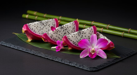 Exotic Dragon Fruit Slices with Pink Orchids and Bamboo on Slate