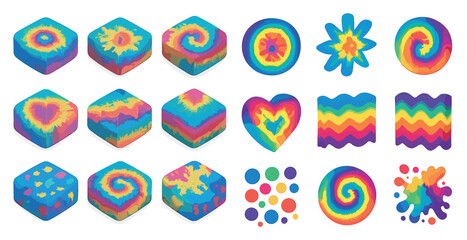 Colorful psychedelic isometric icons set – abstract, vibrant, groovy designs