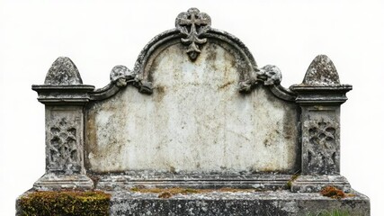 A weathered tombstone covered in moss and lichen, perfect for use in historical or eerie settings