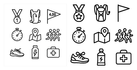 Fototapeta premium Fitness and activity outline icons set – linear, silhouette, exercise and outdoor symbols